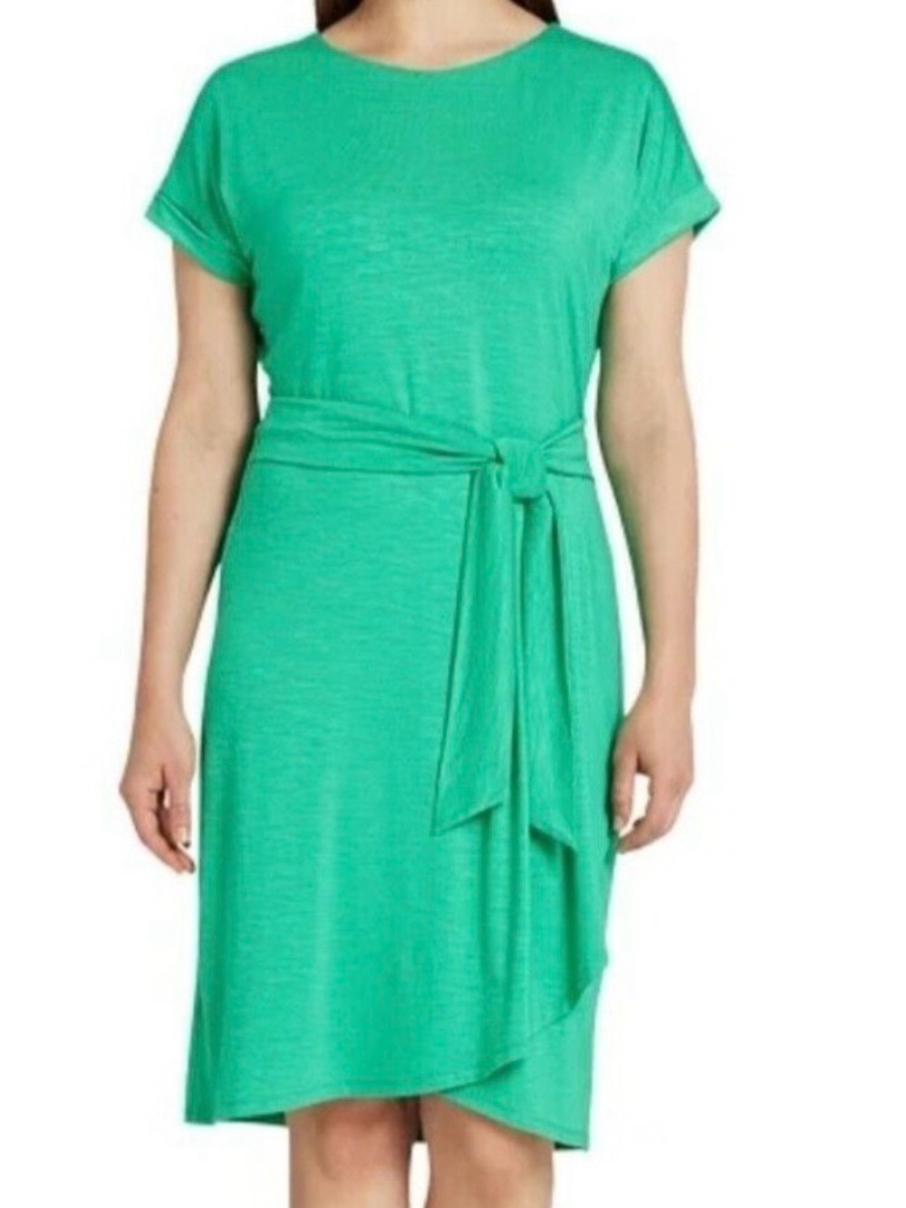 Chaps Green Faux Wrap Crewneck Knit Dress